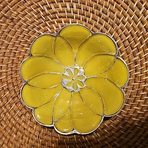 Yellow flower enamel trinket dish bowl silvertone metal